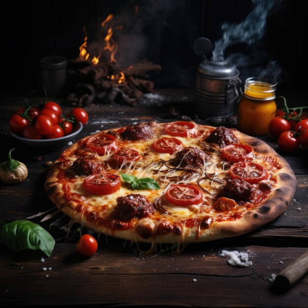 Tavolo rustico in legno con pizza Margarita con fuoco nel forno sul retro generativo ai
