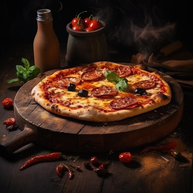 Tavolo rustico in legno con pizza Margarita con fuoco nel forno sul retro generativo ai