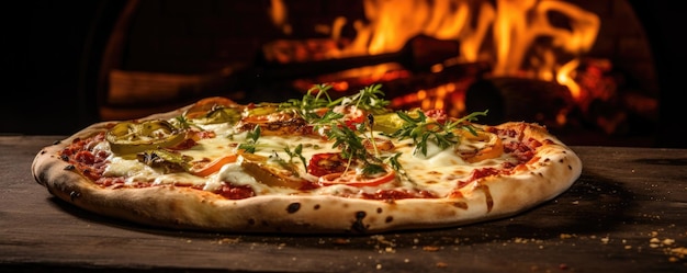 Tavolo rustico in legno con pizza Margarita con fuoco nel forno sul retro generativo ai