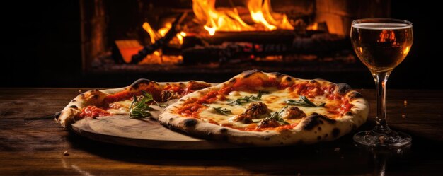 Tavolo rustico in legno con pizza Margarita con fuoco nel forno sul retro generativo ai