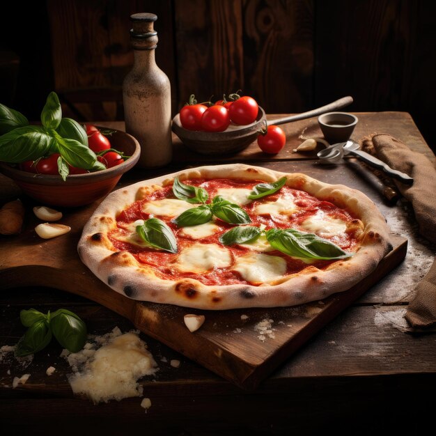 Tavolo rustico in legno con pizza Margarita con fuoco nel forno sul retro generativo ai