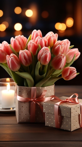 Tavolo rustico ornato con fiori di tulipano e un'incantevole confezione regalo Carta da parati mobile verticale
