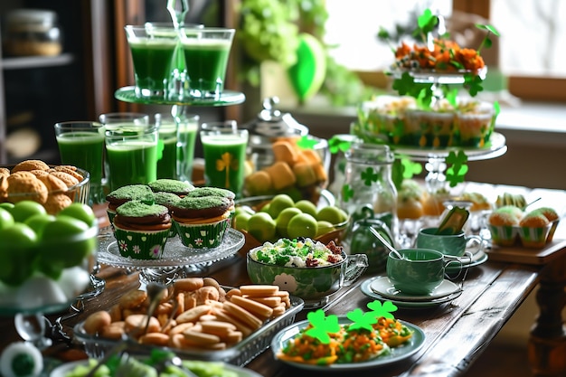Tavolo servito per la festa del Giorno di San Patrizio con diversi cibi e bevande stile alimentare e decorazione