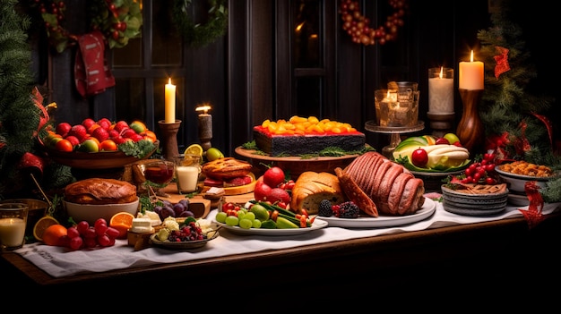 tavolo tradizionale di Natale con frutta e spuntini