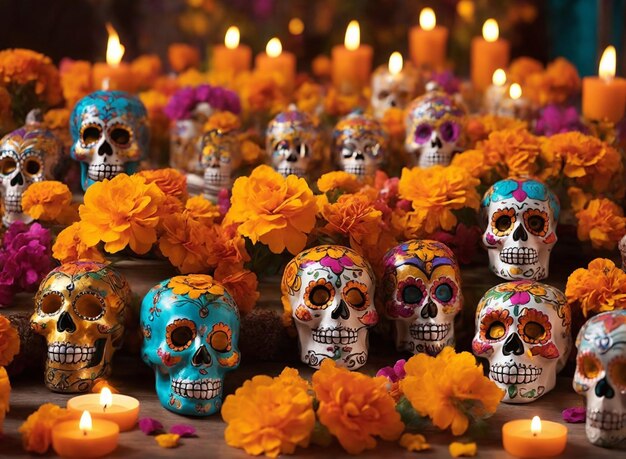Tavolo tradizionale messicano del Giorno dei Morti con teschi colorati, candele e fiori