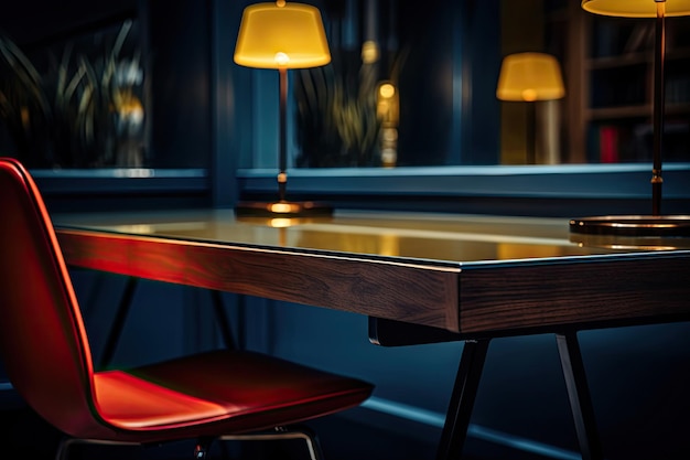 Tavolo vuoto con lampada da scrivania nella camera d'albergo IA generativa