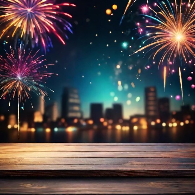 Tavolo vuoto di legno con fuochi d'artificio di celebrazione generati dall'AI