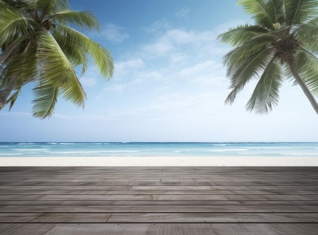 Tavolo vuoto di legno e foglie di palma con festa sulla spiaggia sfocato sullo sfondo in estate creato con spirito
