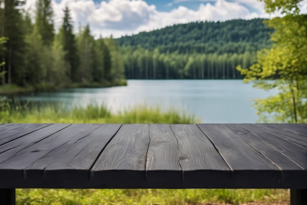 Tavolo vuoto di legno nero con sfondo sfocato di lago e foresta