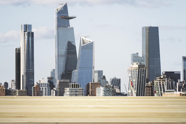 Tavolo vuoto fatto di assi di legno con bellissimo paesaggio urbano di New York durante il giorno su sfondo mockup