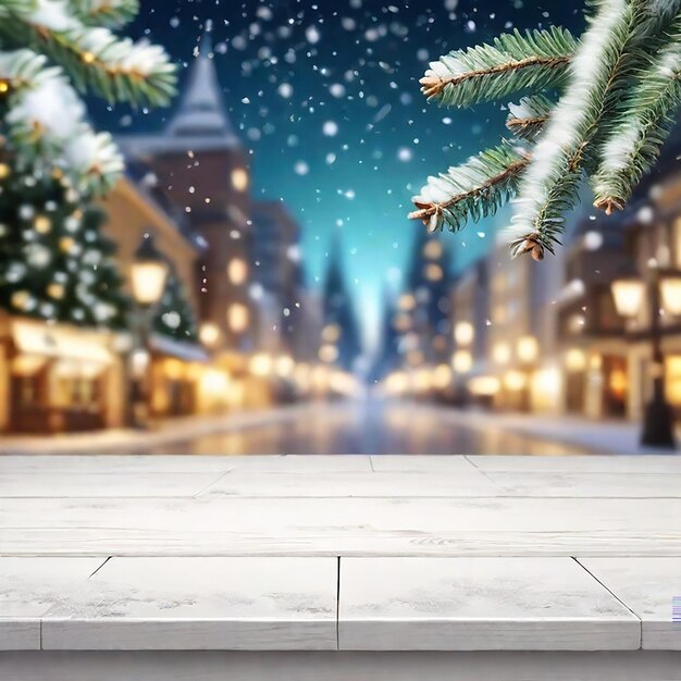 Tavolo vuoto in legno con albero di Natale sfocato e nevicata con luce bokeh generata dall'IA