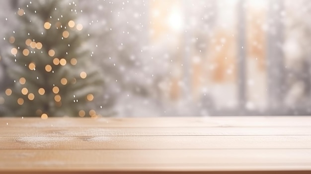 Tavolo vuoto in legno con arredamento caldo del soggiorno sfocatura sfondo con neve Mock up banner per la visualizzazione del prodotto pubblicitario Generativo ai