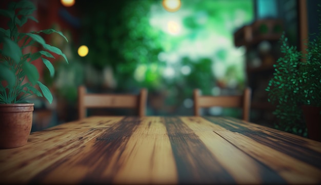 Tavolo vuoto in legno con due piccoli vasi di piante su di esso per l'annuncio del prodotto Concentrati sul tavolo