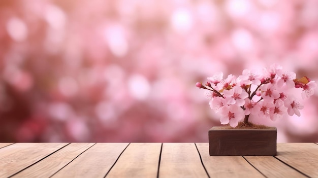 Tavolo vuoto in legno con piano di esposizione del prodotto in vetrina con sfondo di fiori di ciliegio primaverile Generativo ai