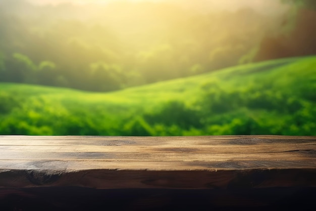 Tavolo vuoto in legno con sfondo di colline verdi per la pubblicità e la presentazione Messa a fuoco selettiva sul tavolo Illustrazione dell'IA generativa