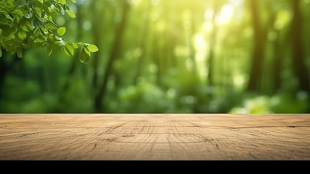 Tavolo vuoto in legno con sfondo sfocato della foresta