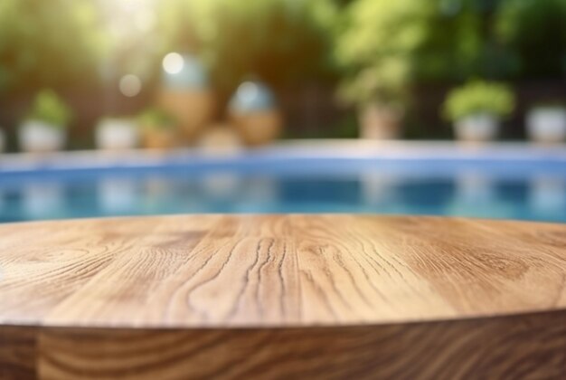 tavolo vuoto in legno con sfondo sfocato della piscina e luce solare per il podio esposizione del prodotto generativo ai