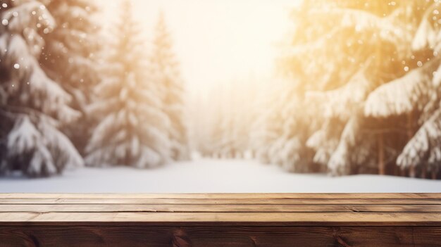 Tavolo vuoto in legno coperto di neve sul design ai sfondo del parco invernale