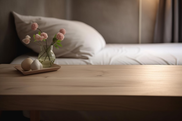 Tavolo vuoto in legno e interni sfocati della camera da letto sullo sfondo Copia spazio per il tuo oggetto Presentazione cosmetica del prodotto Mostra pubblicità promozionale AI generativa