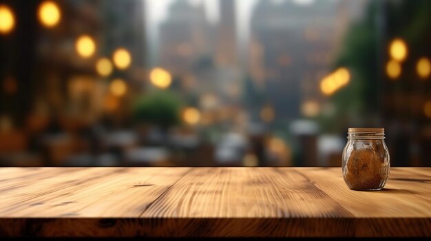 Tavolo vuoto in legno e interno sfocato sopra la sfocatura nel caffè Sfondio Mock up per la visualizzazione dell'IA generativa