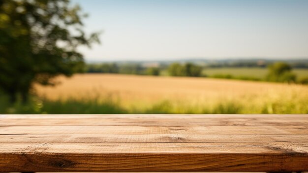 Tavolo vuoto in legno in stile rustico per la presentazione del prodotto con un campo vuoto sfocato sullo sfondo