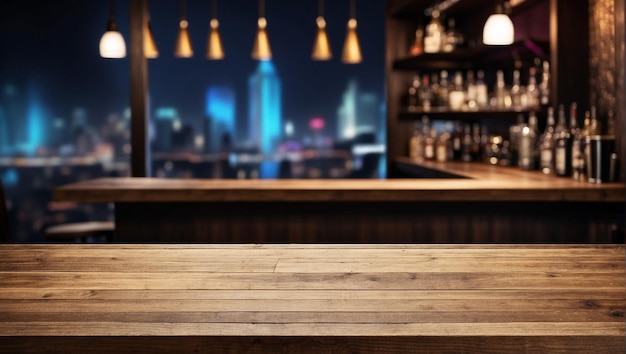Tavolo vuoto in legno per l'esposizione di prodotti con sfondo di night club