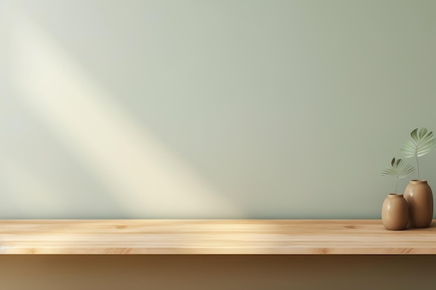 Tavolo vuoto in legno per la presentazione del prodotto su sfondo verde salvia minimalista con ombra solare