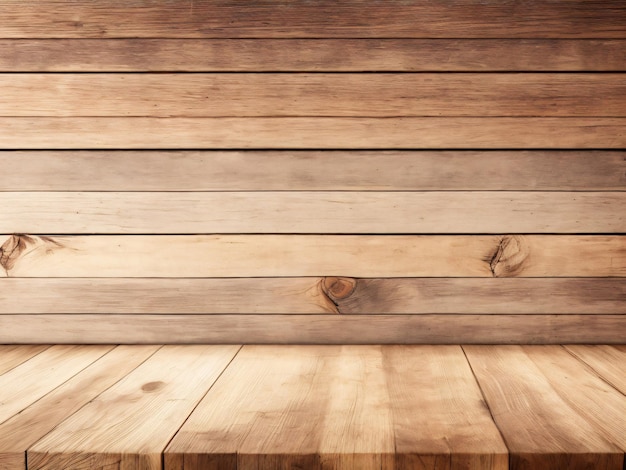 Tavolo vuoto in legno su pannelli a parete in legno sullo sfondo Spazio disponibile per la visualizzazione dei vostri prodotti