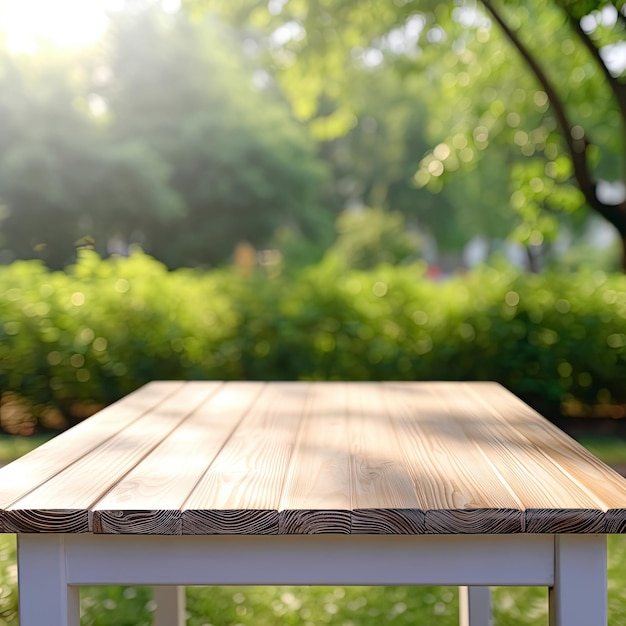 Tavolo vuoto in legno su sfocatura sfondo giardino montaggio esposizione prodotto Foto di alta qualità