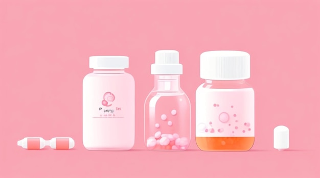 Tavolozza curativa Disegno di compresse di pillole rosa e bottiglia bianca su uno sfondo sereno