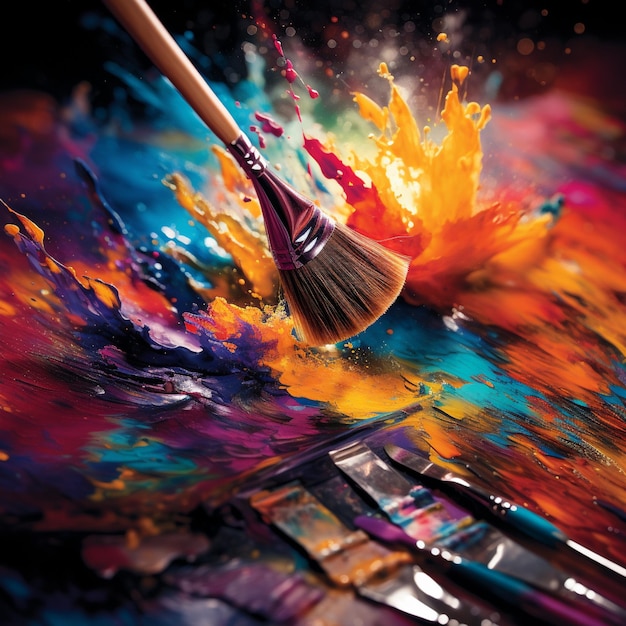 Tavolozza vibrante del pittore con esplosione di colori e pennelli unici