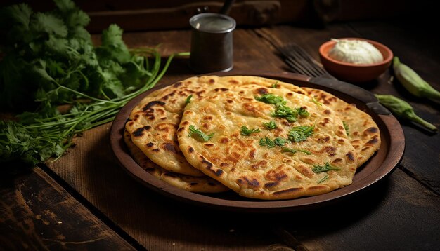 Tawa Roti su un piatto con uno sfondo di legno