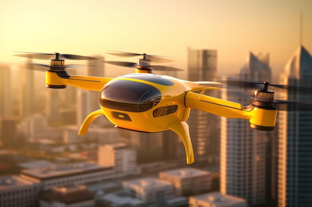 Taxi aereo Un drone giallo sullo sfondo della città