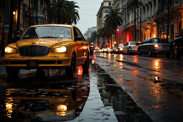 Taxi gialli allineati su una strada trafficata IA generativa