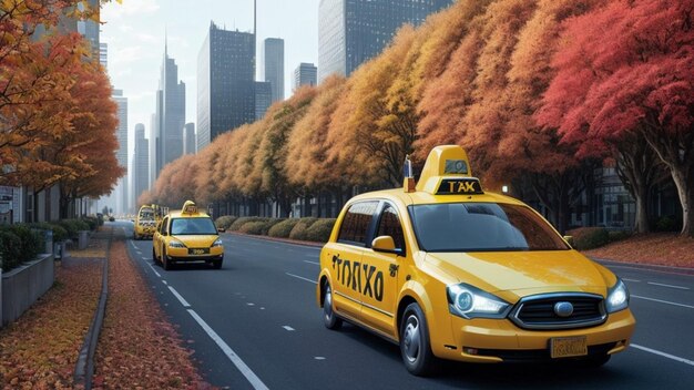 Taxi giallo in una città futuristica del mondo futuro