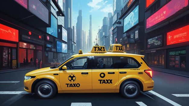 Taxi giallo in una città futuristica del mondo futuro