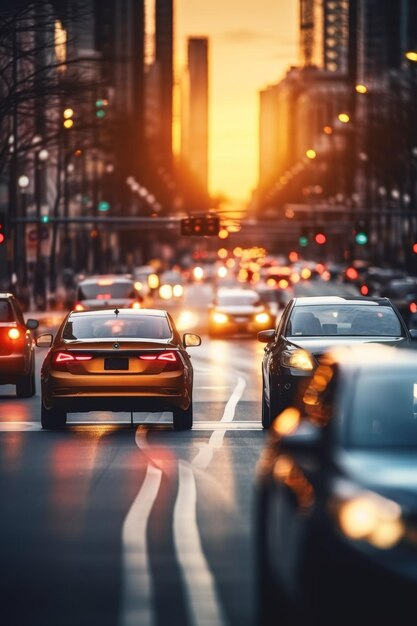 Taxi giallo nel traffico su una strada cittadina a rallentatore AI generativa