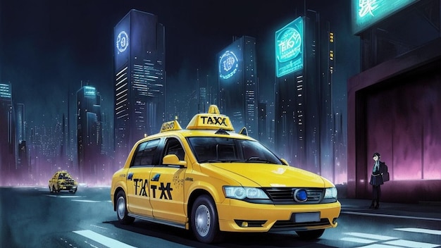 Taxi in una città di notte sotto la pioggia