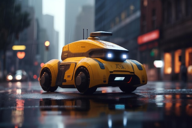 Taxi robotico futuristico che guida attraverso la città di domani
