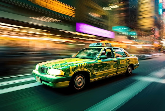 taxi verde sulla strada con insegne luminose nello stile dell'astrazione giapponese