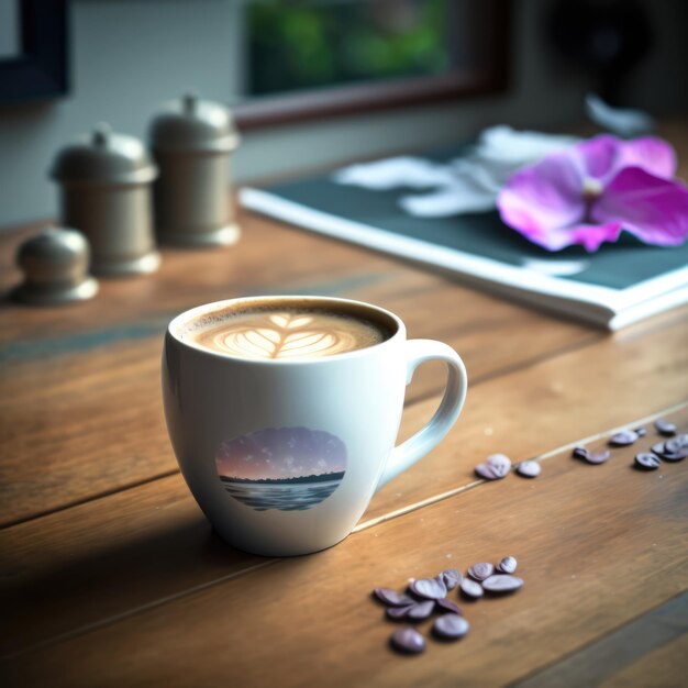 Tazza bianca con caffè latte e petali su tavolo in legno creato utilizzando la tecnologia generativa ai