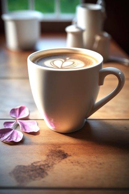 Tazza bianca con caffè latte e petali su tavolo in legno creato utilizzando la tecnologia generativa ai