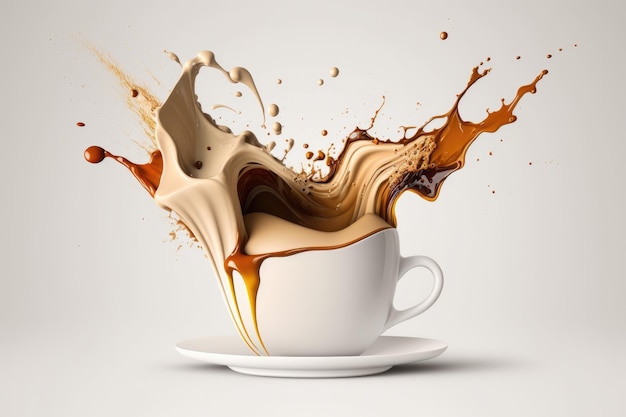 Tazza bianca con una spruzzata di caffè in esso all'interno di uno sfondo bianco Vista dettagliata