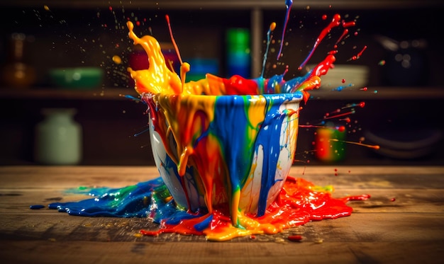 Tazza bianca con vernici che ne versano Spruzzi di colori sopra la tazza e sul tavolo di legno Primo piano Sfondo sfocato IA generativa