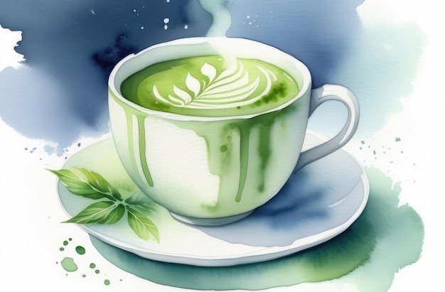 tazza bianca di tè matcha giapponese tradizionale con foglie verdi su un piatto illustrazione ad acquerello