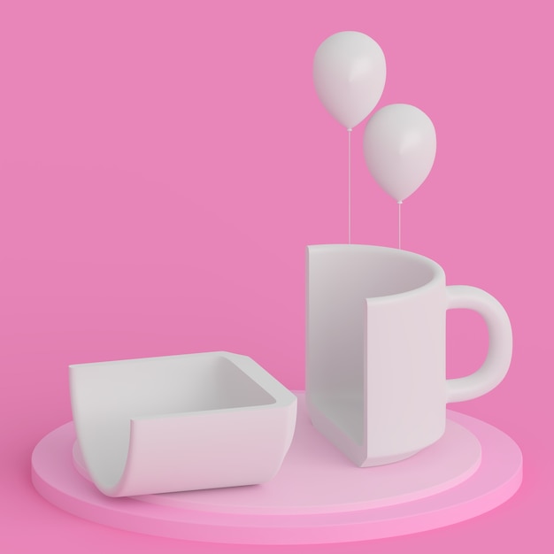 tazza bianca dimezzata su uno studio minimalista rosa con palloncini
