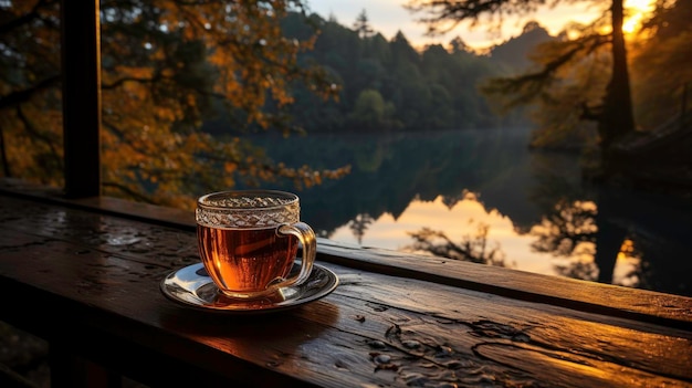 Tazza bianca sul tavolo in legno sera d'autunno sfondo