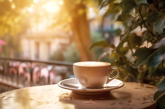 Tazza cappuccino con arte del caffè sul tavolo del caffè di strada europeo al tramonto