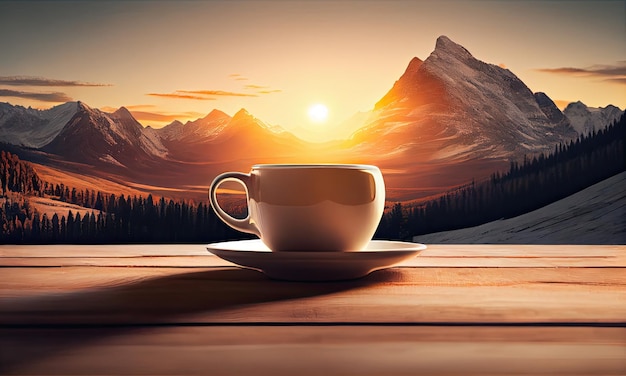 Tazza con caffè caldo su un tavolo di legno sullo sfondo dell'alba e delle montagne generative AI