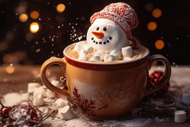 Tazza con cioccolata calda e pupazzo di neve marshmallow fuso Illustrazione generata dall'intelligenza artificiale